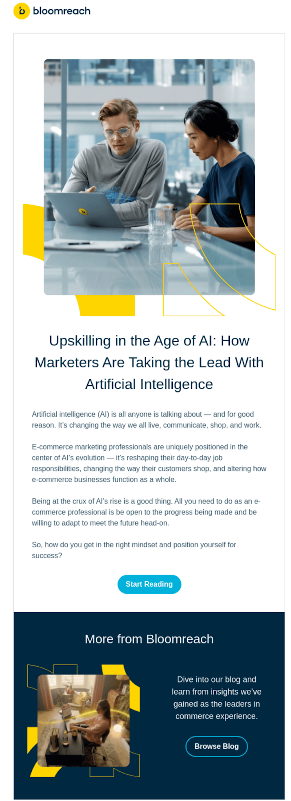 Email from bloomreach titled "Upskilling in the Age of AI: How Marketers are taking the lead with artificial intelligence"
